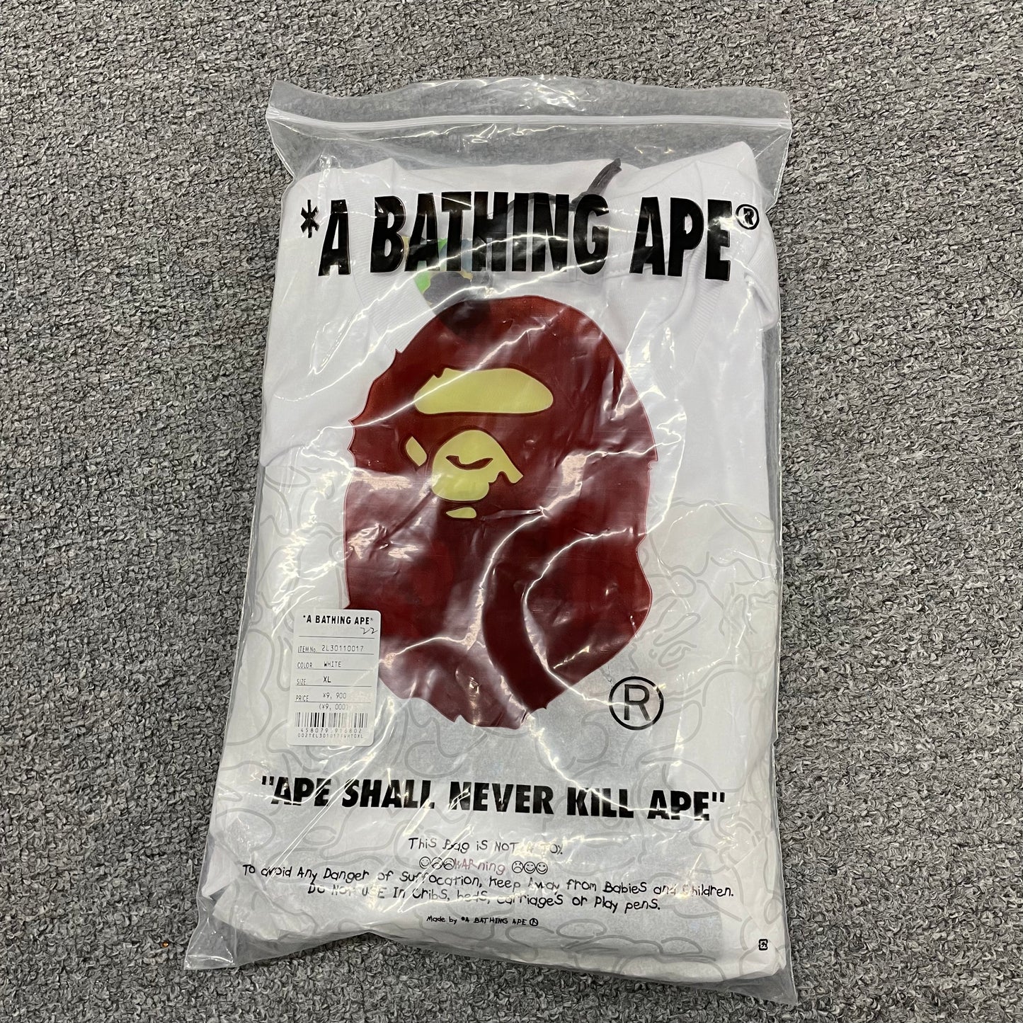 White BAPE Baby Milo Ape Head T-shirt with retail packaging bag