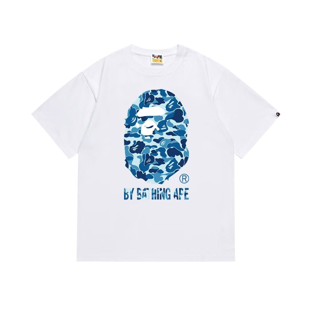 Back view of white BAPE blue camo Big Ape Head T-shirt