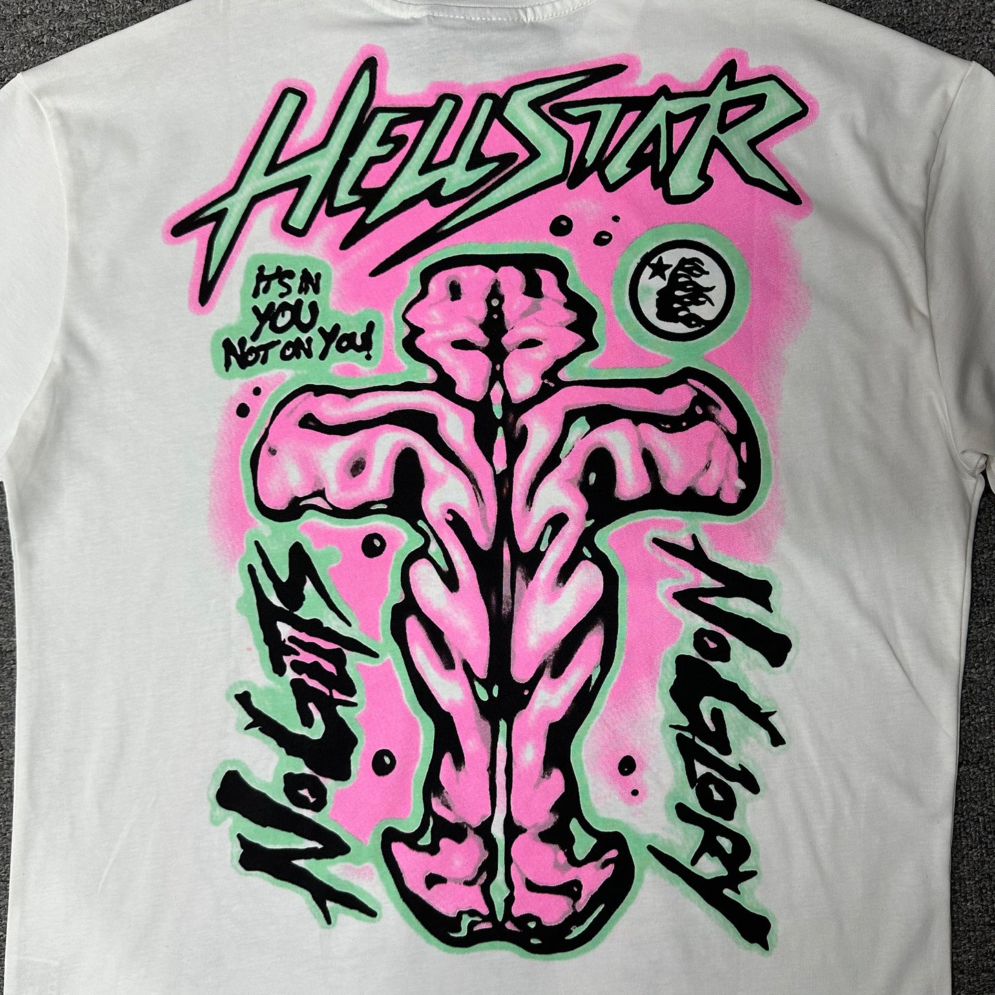 Full back graphic print on the Hellstar No Guts No Glory White and Pink T-Shirt
Close-up of the rear graphic artwork on the Hellstar No Guts No Glory T-Shirt
Detailed view of the rear screen print texture on the Hellstar graphic T-shirt