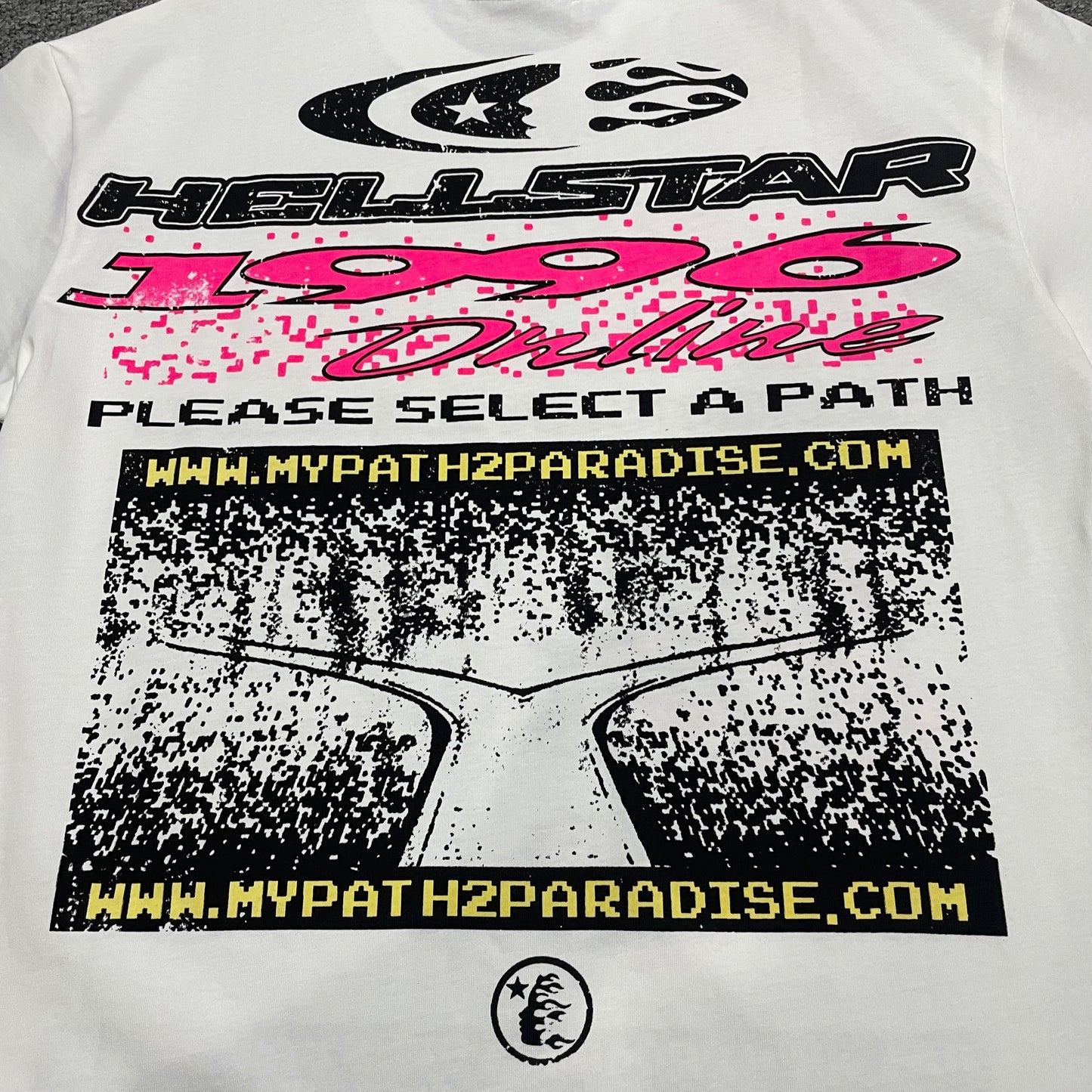 Full Path to Paradise graphic printed on the back of the Hellstar Pixel T-Shirt
Close-up of the Please Select a Path rear artwork on the Hellstar Pixel T-Shirt
Detailed view of the rear pixel lettering and graphic print texture