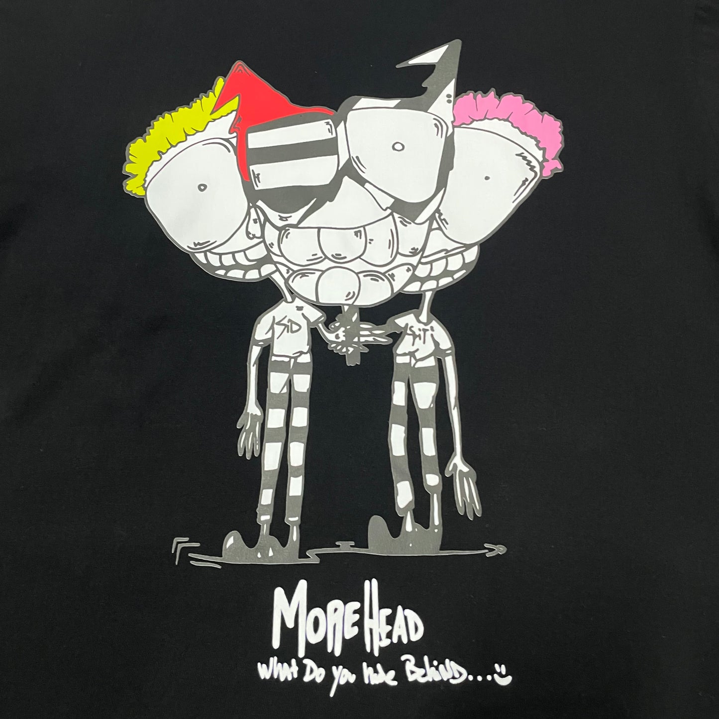 Matty Boy More Head multicolor character graphic on the back of black T-shirt
Close-up of white Chrome Hearts lettering and front chest pocket print detail