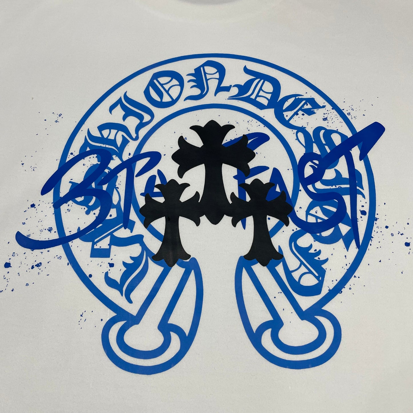 Chrome Hearts Blue Graffiti Cross T-Shirt | Paint Splash Gothic Tee Wholesale