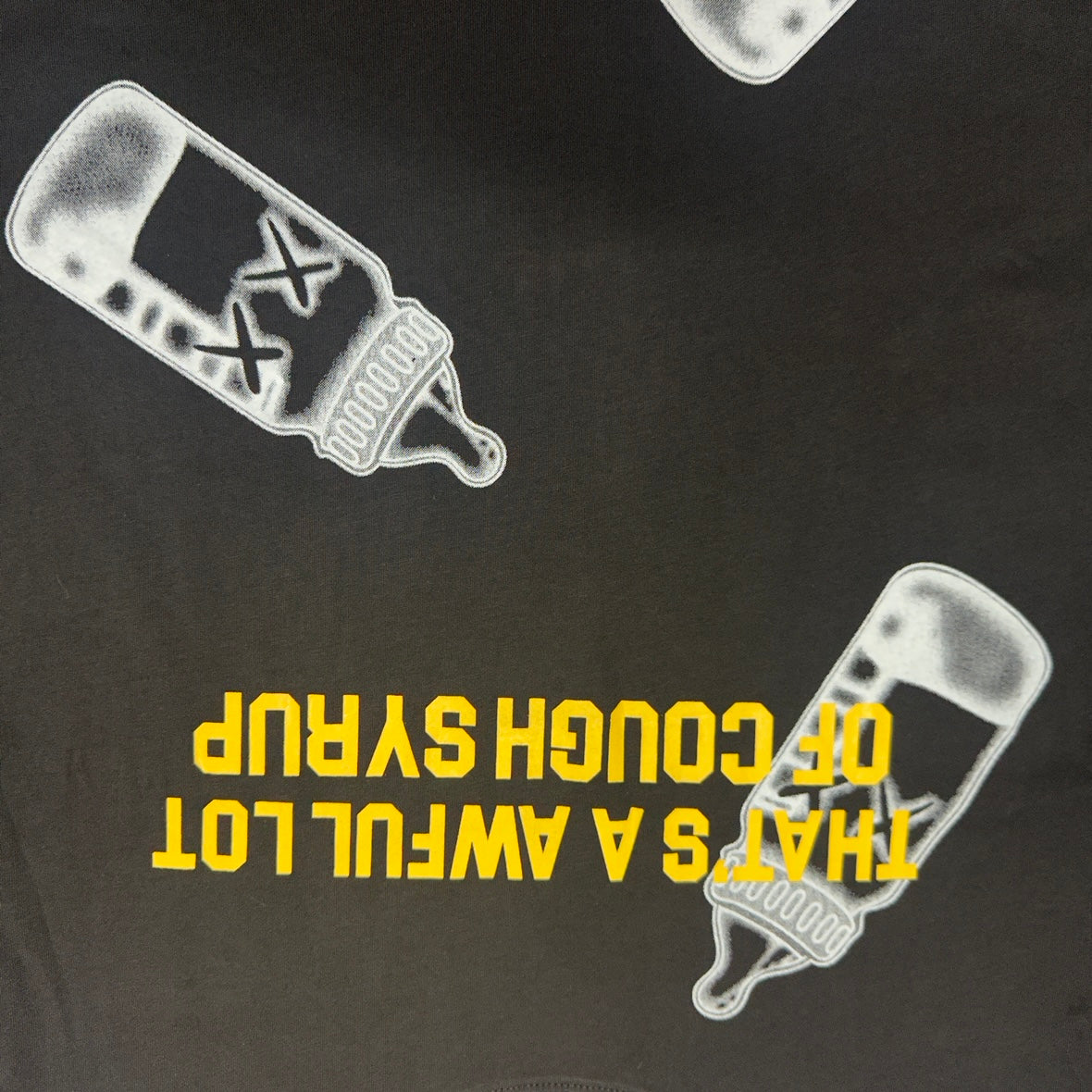 Thats a Awful Lot of Cough Syrup T-Shirt Size Large Black & Yellow Baby Bottle