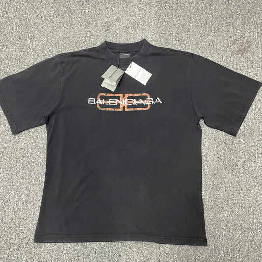 Vintage black short sleeve t-shirt front view, orange BB graphic logo on chest with brand paper hang tags