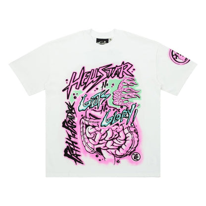 Hellstar No Guts No Glory T-Shirt in White and Pink front view with oversized anatomy graphic