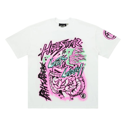 Hellstar No Guts No Glory T-Shirt in White and Pink front view with oversized anatomy graphic