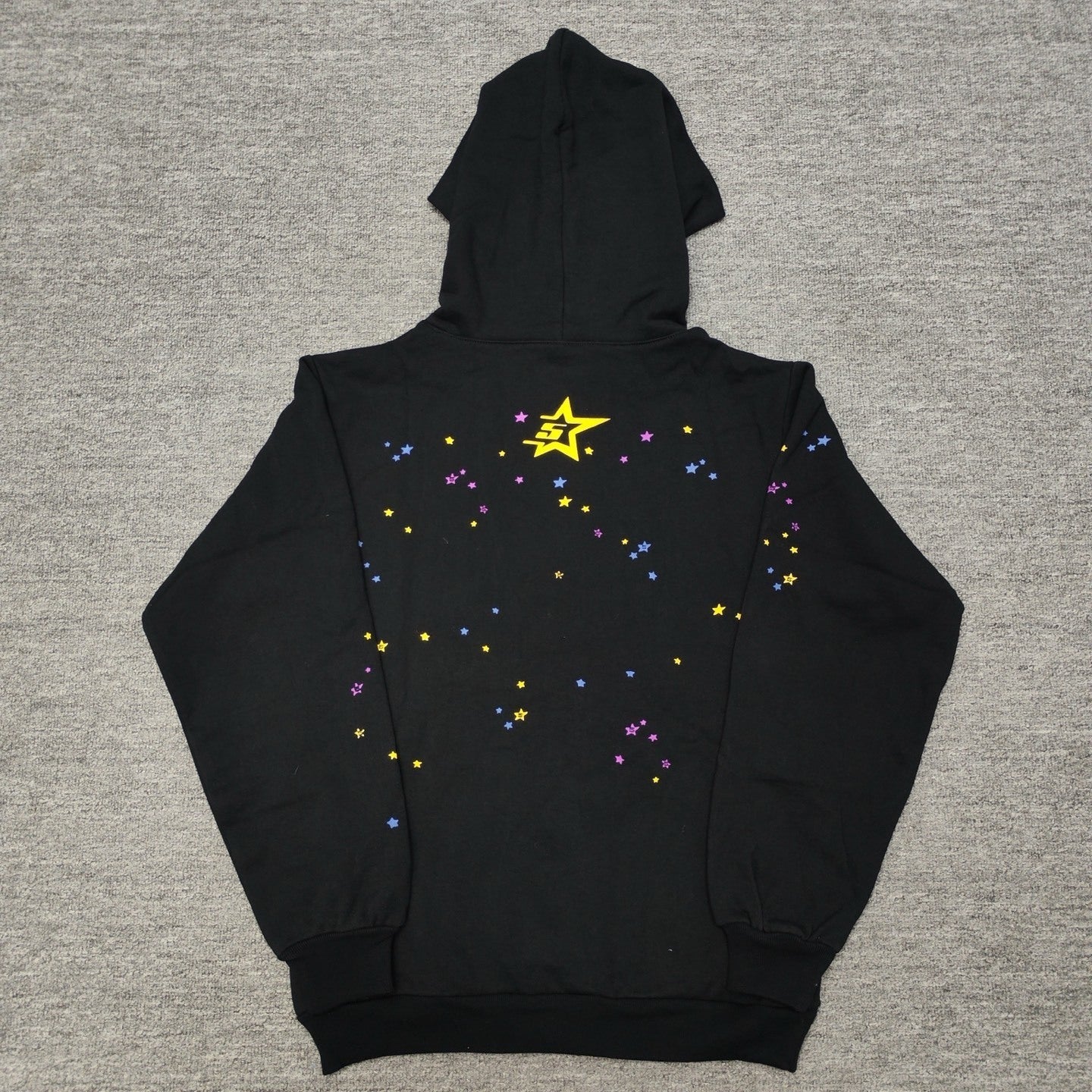 Sp5der P*nk Hoodie Black back view showing multicolor graphic details