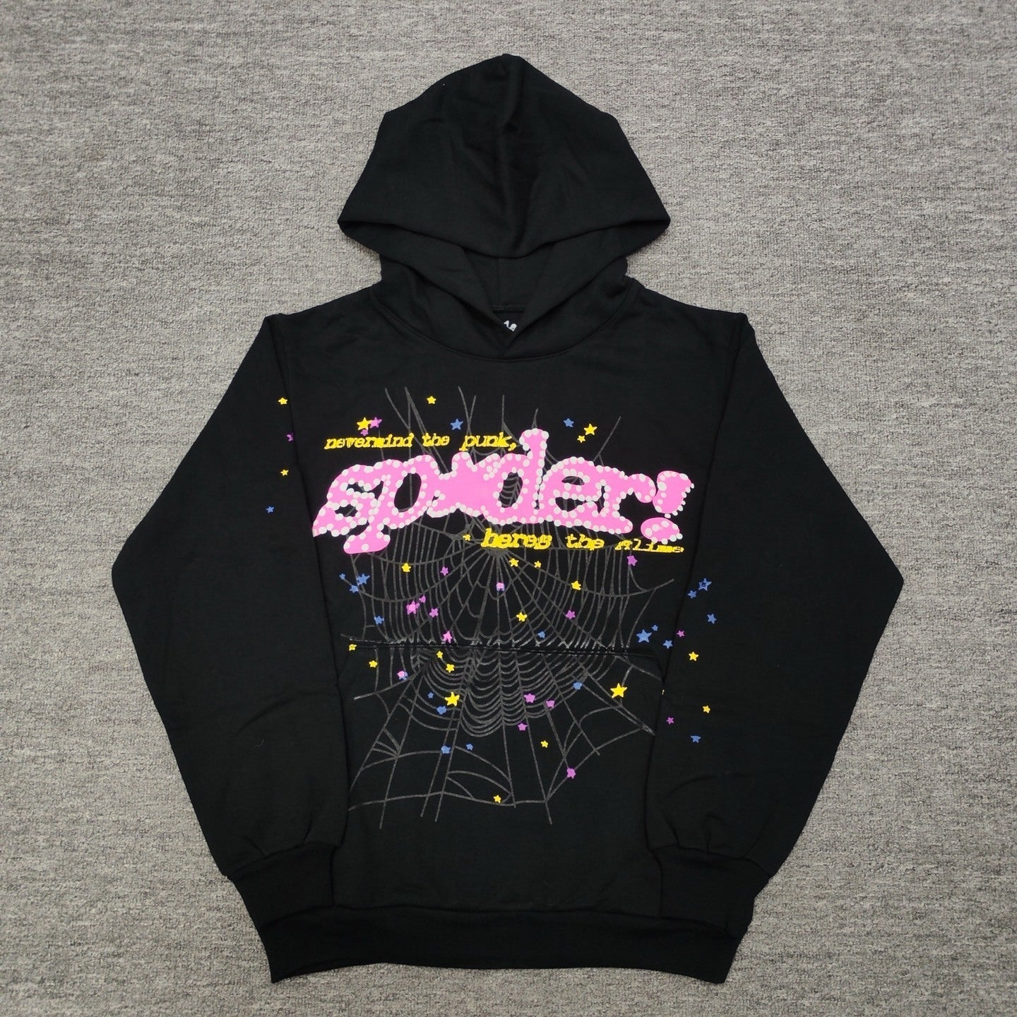 Sp5der P*nk Hoodie Black front view with pink logo, spider web and multicolor star graphics