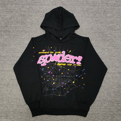 Sp5der P*nk Hoodie Black front view with pink logo, spider web and multicolor star graphics