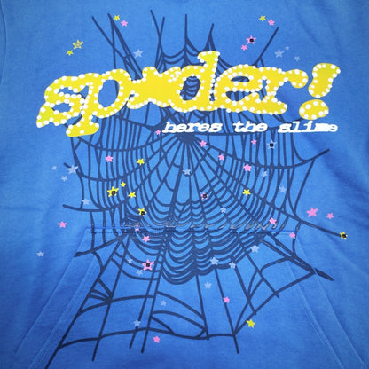 Full puff print artwork on Sp5der TC Blue Hoodie with yellow lettering, black spider web and colorful stars
Close-up of yellow raised puff lettering on Sp5der TC Blue Here's the Slime Hoodie
Side angle showing the three-dimensional raised puff print texture on Sp5der TC Blue Hoodie