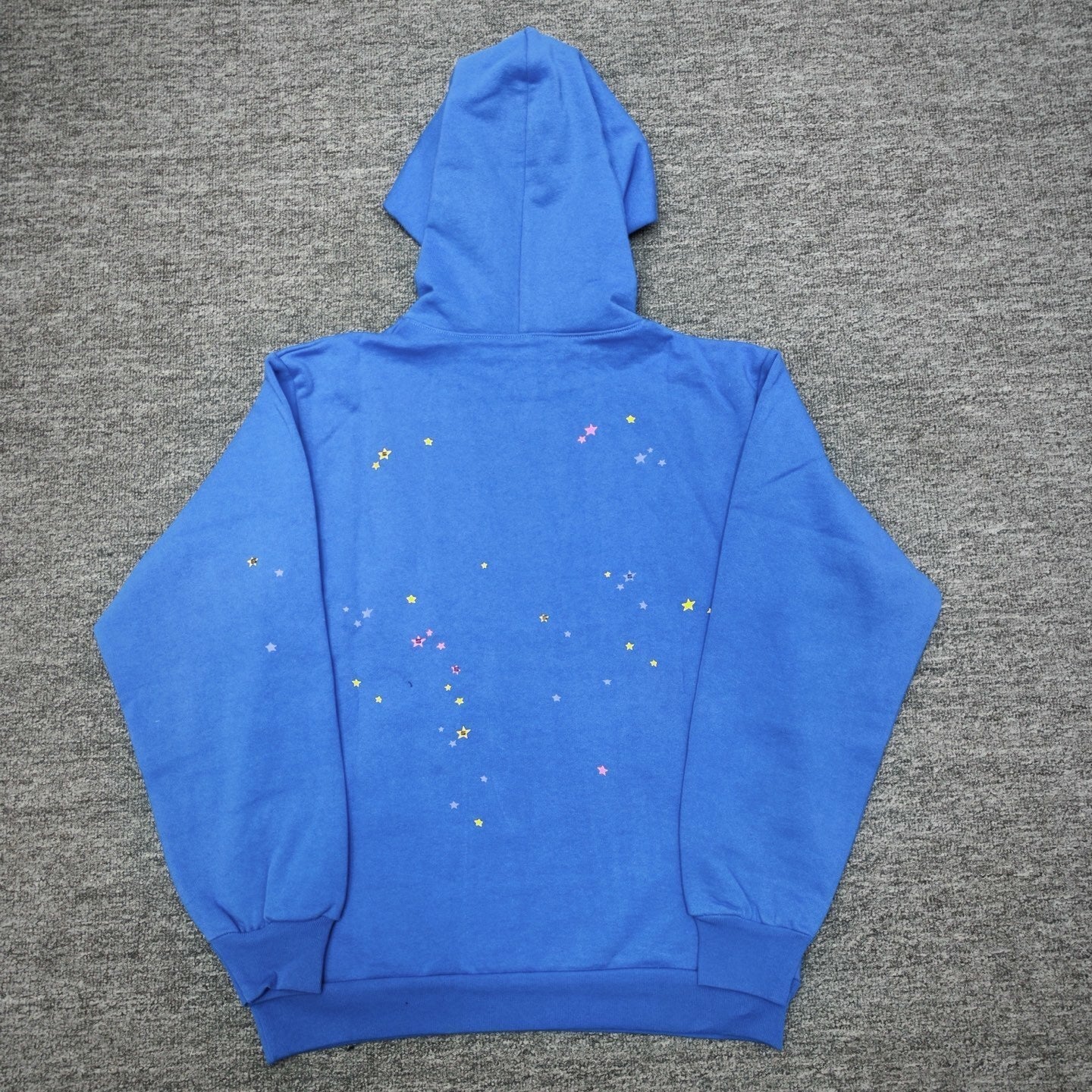 Sp5der TC Blue Here's the Slime Hoodie back view with multicolor star graphic details