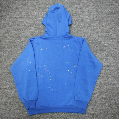 Sp5der TC Blue Here's the Slime Hoodie back view with multicolor star graphic details
