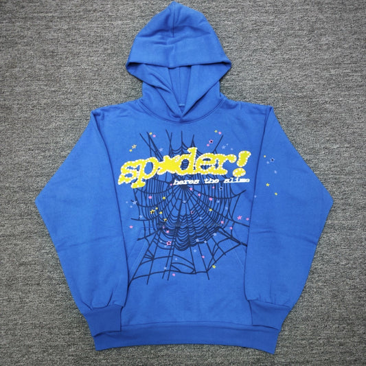 Sp5der TC Blue Here's the Slime Hoodie front view with yellow puff lettering and spider web graphic