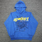Sp5der TC Blue Here's the Slime Hoodie front view with yellow puff lettering and spider web graphic