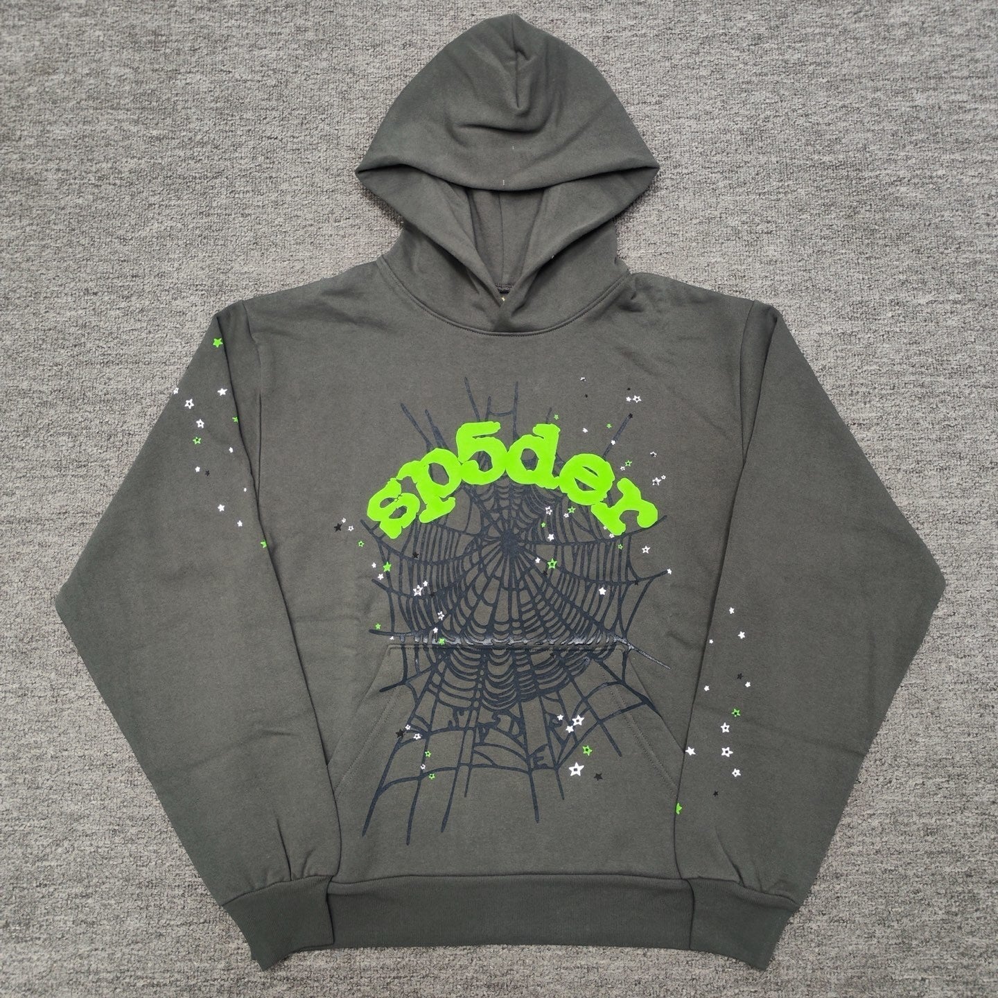 Sp5der Wait Web Hoodie Slate Grey front view with green logo, spider web and star graphics