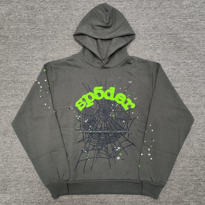 Sp5der Wait Web Hoodie Slate Grey front view with green logo, spider web and star graphics