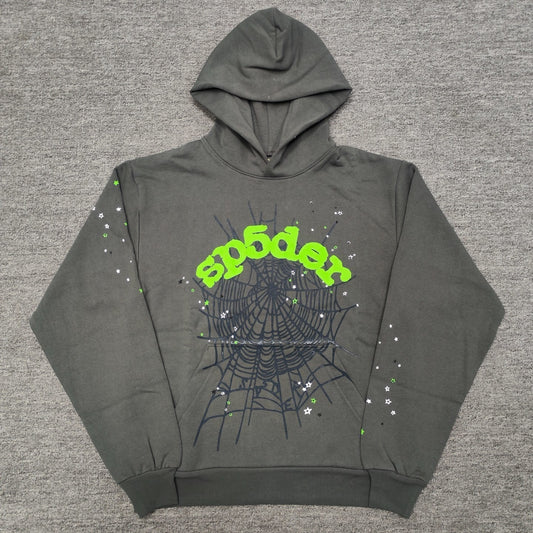 Sp5der Wait Web Hoodie Slate Grey front view with green logo, spider web and star graphics