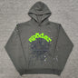 Sp5der Wait Web Hoodie Slate Grey front view with green logo, spider web and star graphics