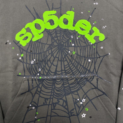 Full puff print artwork on Sp5der Wait Web Hoodie with green logo, dark web and scattered stars
Close-up of electric green puff print lettering on Sp5der Wait Web Hoodie Slate Grey
Side angle showing the raised three-dimensional puff print texture on Sp5der Slate Grey Hoodie