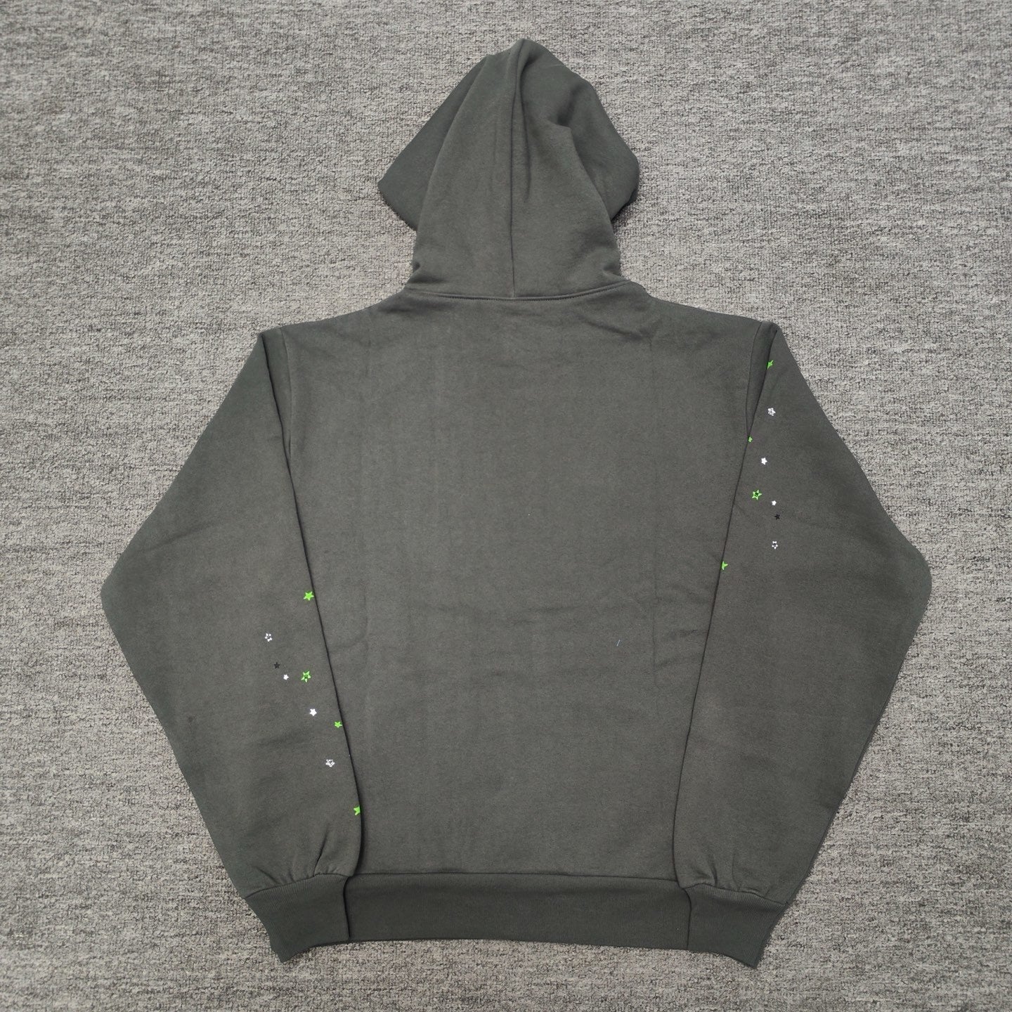 Sp5der Wait Web Hoodie Slate Grey back view showing the hood and relaxed streetwear silhouette