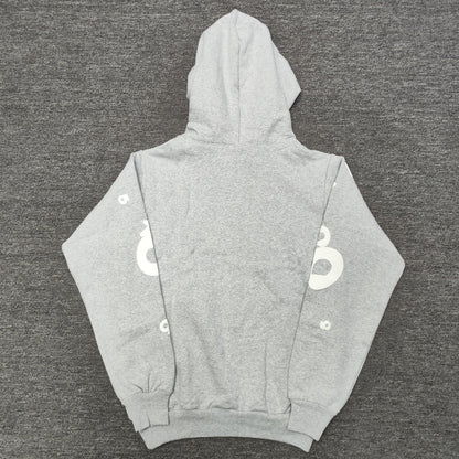 Sp5der Beluga Hoodie Heather Grey back view showing the hood and pullover silhouette