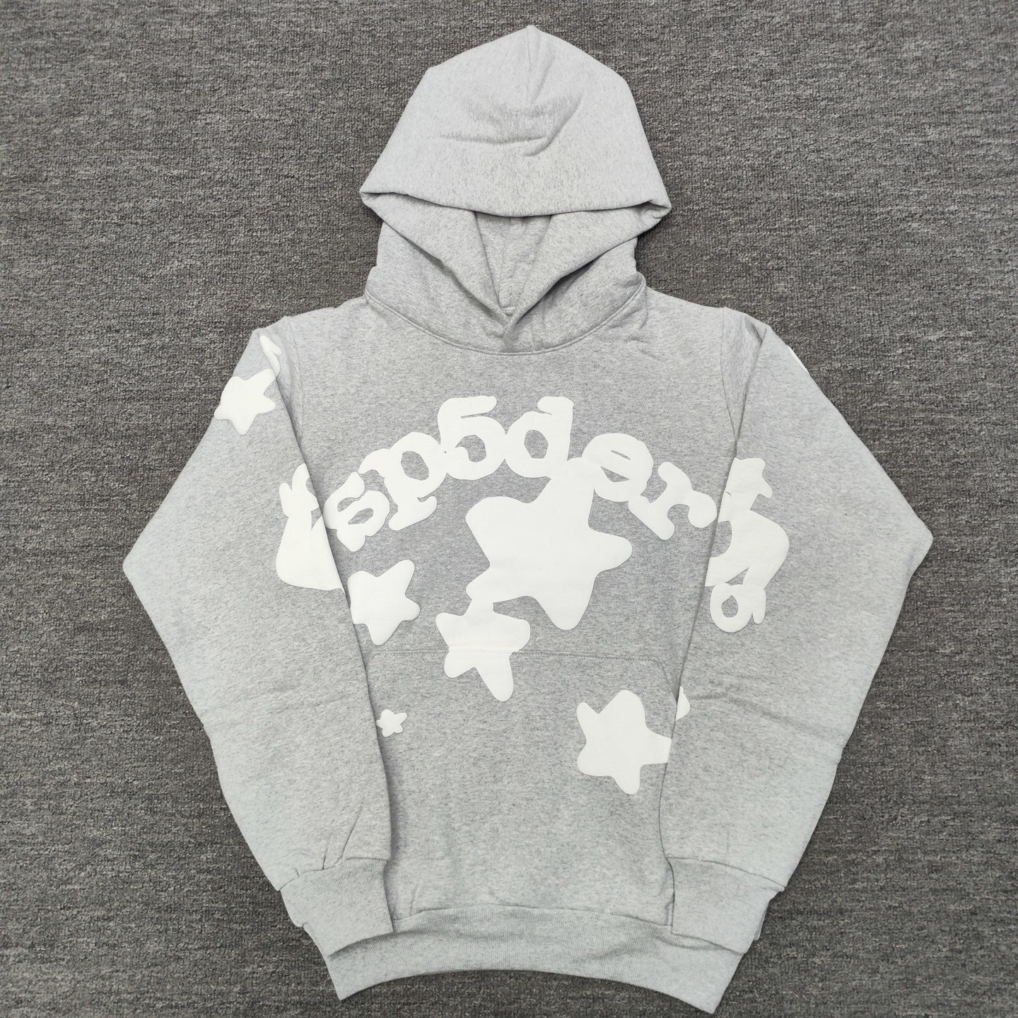 Sp5der Beluga Hoodie Heather Grey front view with oversized white lettering and star graphics