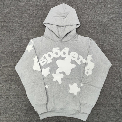 Sp5der Beluga Hoodie Heather Grey front view with oversized white lettering and star graphics