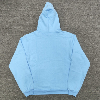 Sp5der Web Hoodie Sky Blue back view showing the hood and clean pullover silhouette