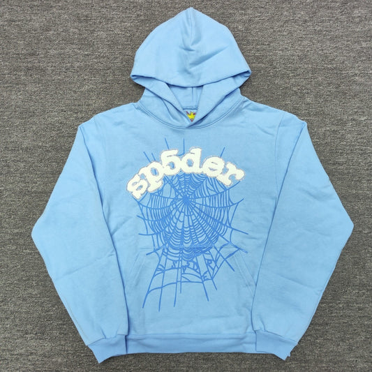 Sp5der Web Hoodie Sky Blue front view with raised white logo, rhinestone trim and blue web graphic