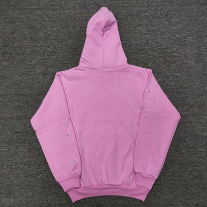 Sp5der OG Web Hoodie Pink back view showing the hood, ribbed hem and relaxed pullover shape