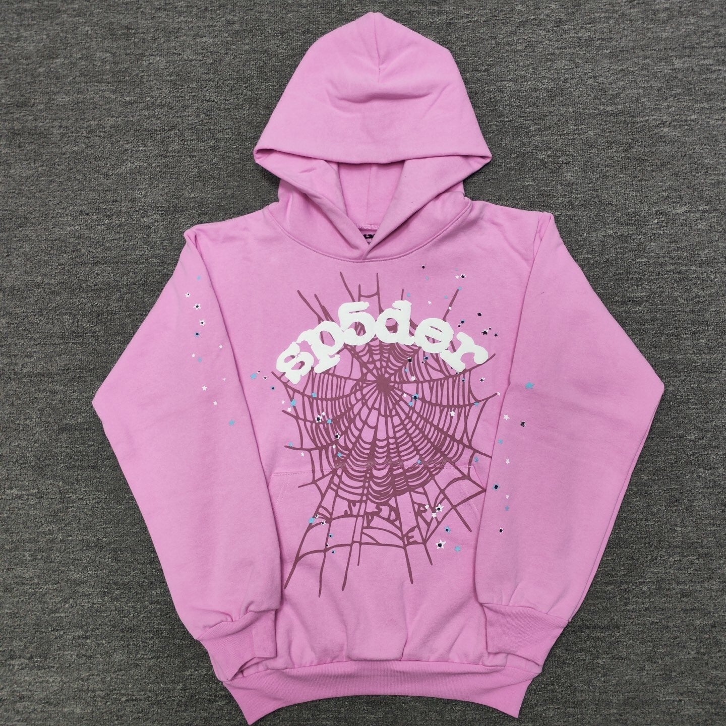 Sp5der OG Web Hoodie Pink front view with raised white logo, dark web graphic and multicolor stars