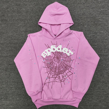 Sp5der OG Web Hoodie Pink front view with raised white logo, dark web graphic and multicolor stars