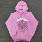 Sp5der OG Web Hoodie Pink front view with raised white logo, dark web graphic and multicolor stars