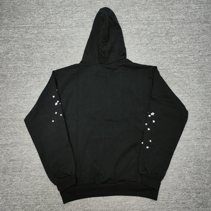 Sp5der OG Web Hoodie Black back view showing the hood, rear construction and ribbed hem