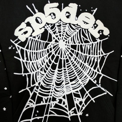 Full white puff-print artwork on Sp5der OG Web Hoodie Black with oversized logo and spider web
Close-up of raised white Sp5der lettering and web print details on the black OG Web Hoodie
Side angle showing the three-dimensional white puff-print texture on Sp5der OG Web Hoodie Black