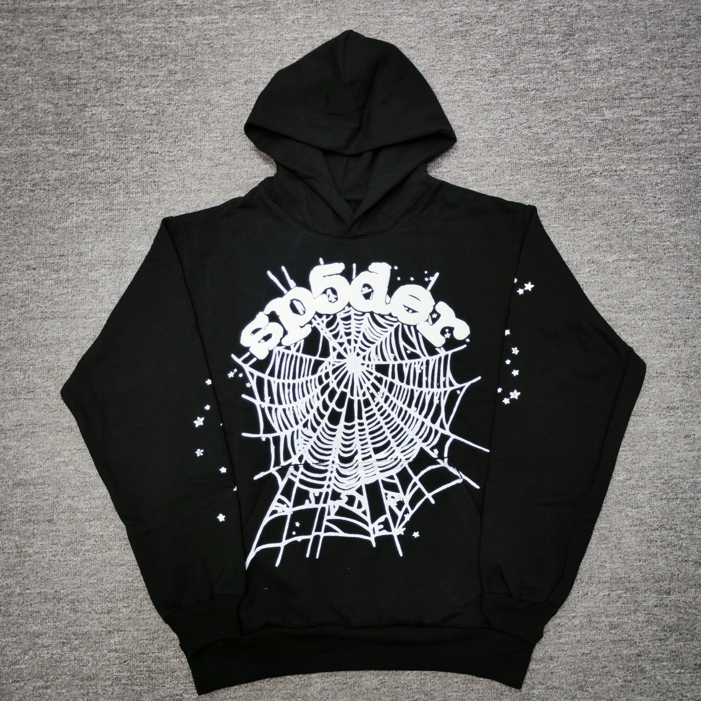 Sp5der OG Web Hoodie Black front view with raised white logo, spider web and sleeve star graphics