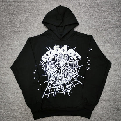 Sp5der OG Web Hoodie Black front view with raised white logo, spider web and sleeve star graphics
