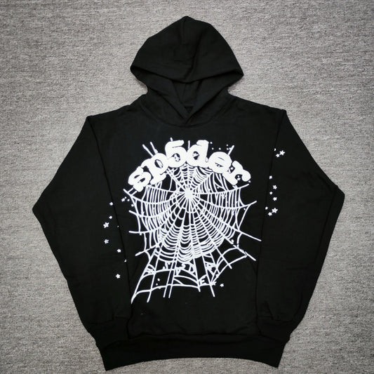 Sp5der OG Web Hoodie Black front view with raised white logo, spider web and sleeve star graphics
