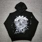 Sp5der OG Web Hoodie Black front view with raised white logo, spider web and sleeve star graphics