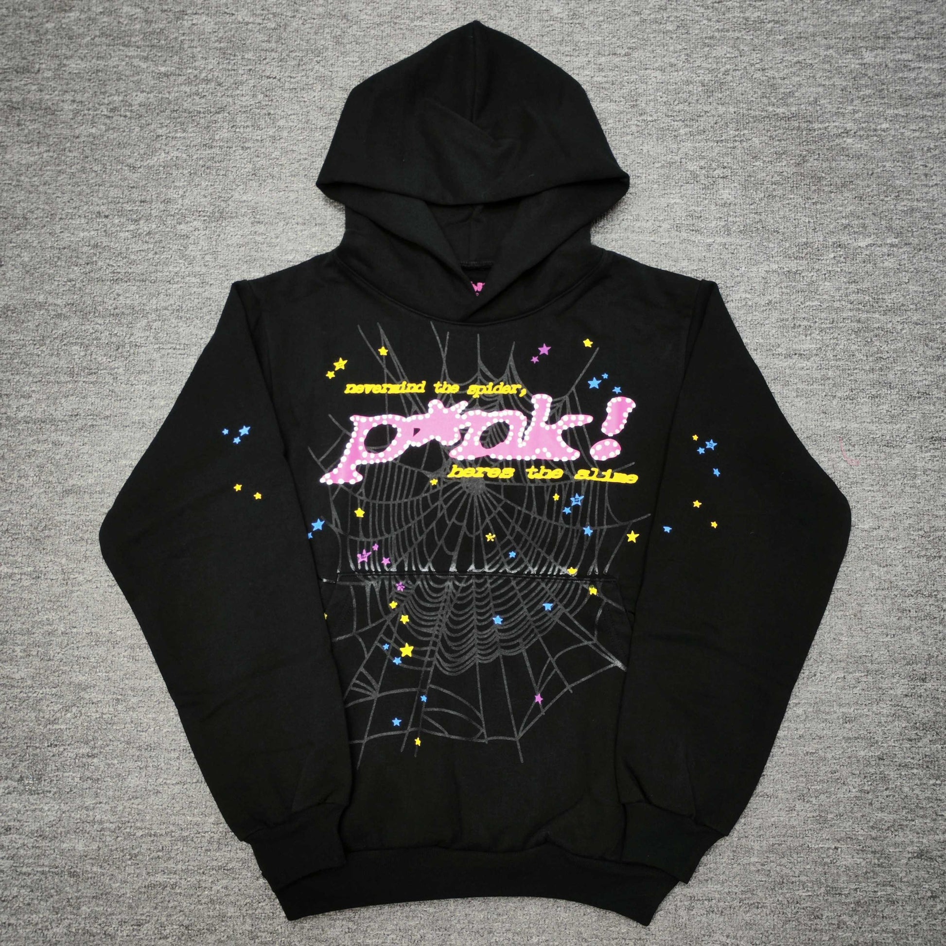 Sp5der P*NK Hoodie Black front view with raised pink lettering, spider web and multicolor stars
