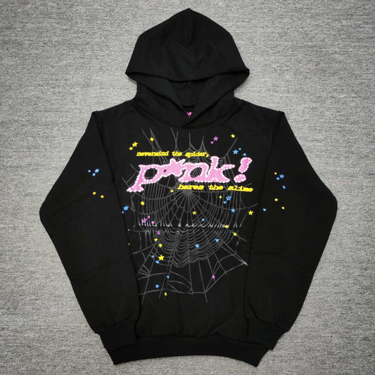 Sp5der P*NK Hoodie Black front view with raised pink lettering, spider web and multicolor stars