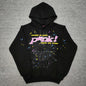 Sp5der P*NK Hoodie Black front view with raised pink lettering, spider web and multicolor stars