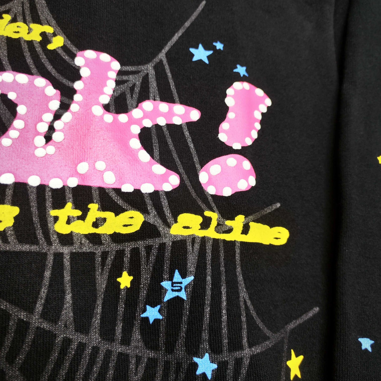 Full graphic artwork on Sp5der P*NK Hoodie Black with pink puff lettering, web print and colorful stars
Close-up of raised pink P*NK lettering and white dot details on Sp5der Black Hoodie
Side angle showing the three-dimensional pink puff-print texture on Sp5der P*NK Hoodie Black