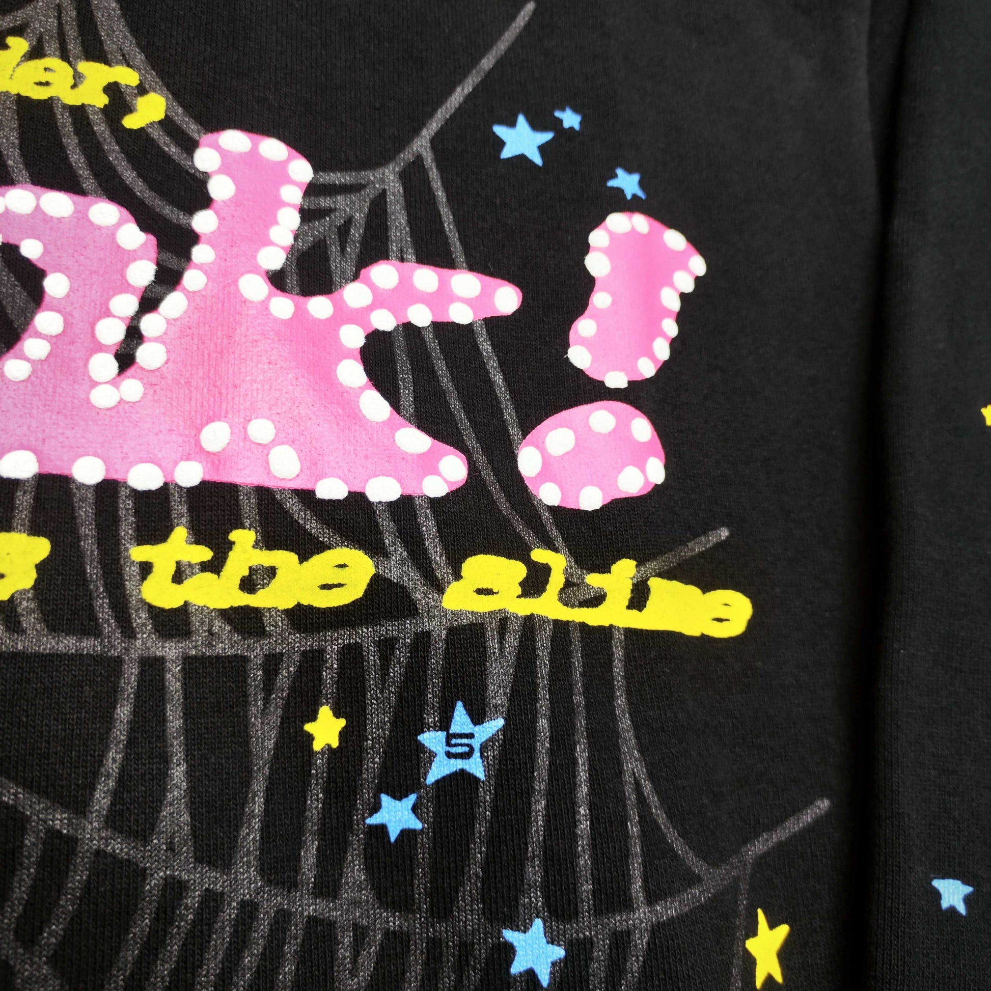 Full graphic artwork on Sp5der P*NK Hoodie Black with pink puff lettering, web print and colorful stars
Close-up of raised pink P*NK lettering and white dot details on Sp5der Black Hoodie
Side angle showing the three-dimensional pink puff-print texture on Sp5der P*NK Hoodie Black