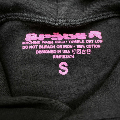 Sp5der P*NK Hoodie Black neck label and size tag detail