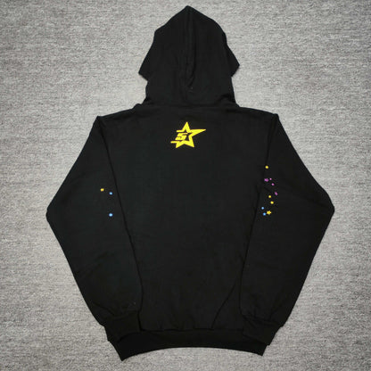 Sp5der P*NK Hoodie Black back view showing the hood, pullover construction and ribbed hem