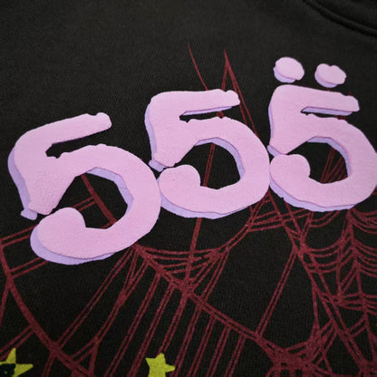 Full graphic artwork on Sp5der Angel Number Hoodie Brown with pink 555 lettering and red spider web
Close-up of raised pink 555 puff-print lettering on Sp5der Angel Number Hoodie Brown
Side angle showing the three-dimensional pink puff-print texture on Sp5der 555 Hoodie Brown