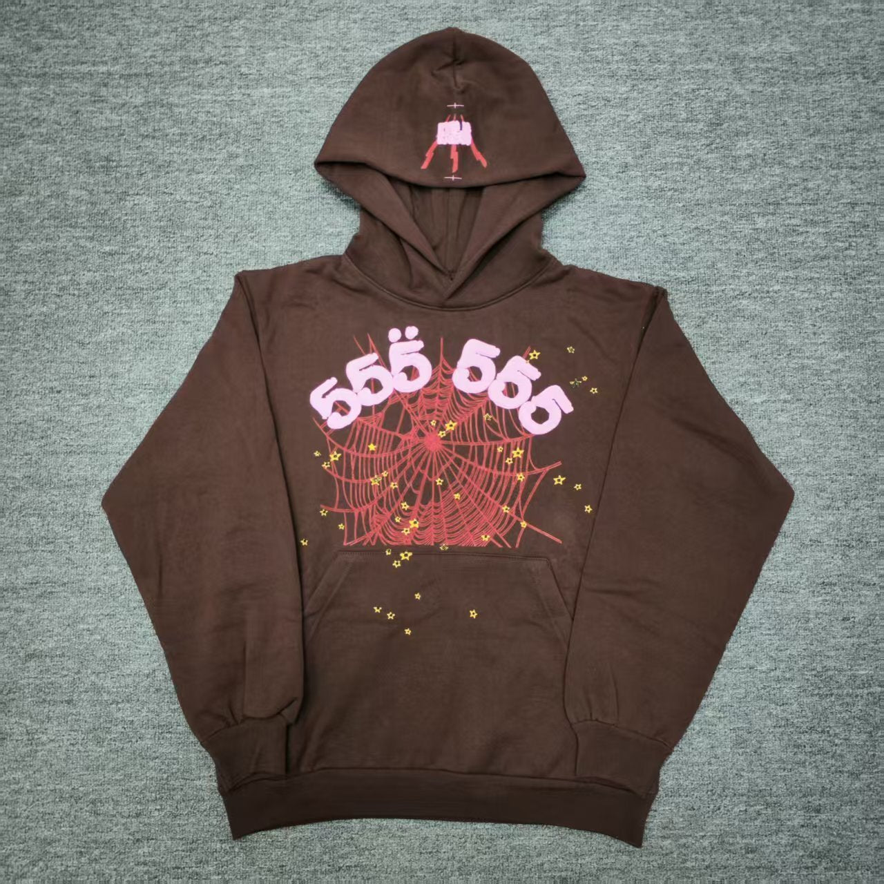 Sp5der Angel Number 555 Hoodie Brown front view with pink lettering, red web and yellow stars