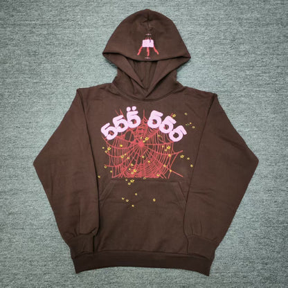 Sp5der Angel Number 555 Hoodie Brown front view with pink lettering, red web and yellow stars
