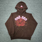 Sp5der Angel Number 555 Hoodie Brown front view with pink lettering, red web and yellow stars